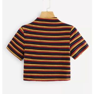 Black yellow striped high neck cropped t shirt